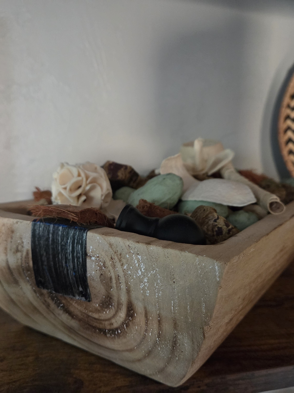Carved Wood Dough Bowl Centerpiece w/ Decorative Filler